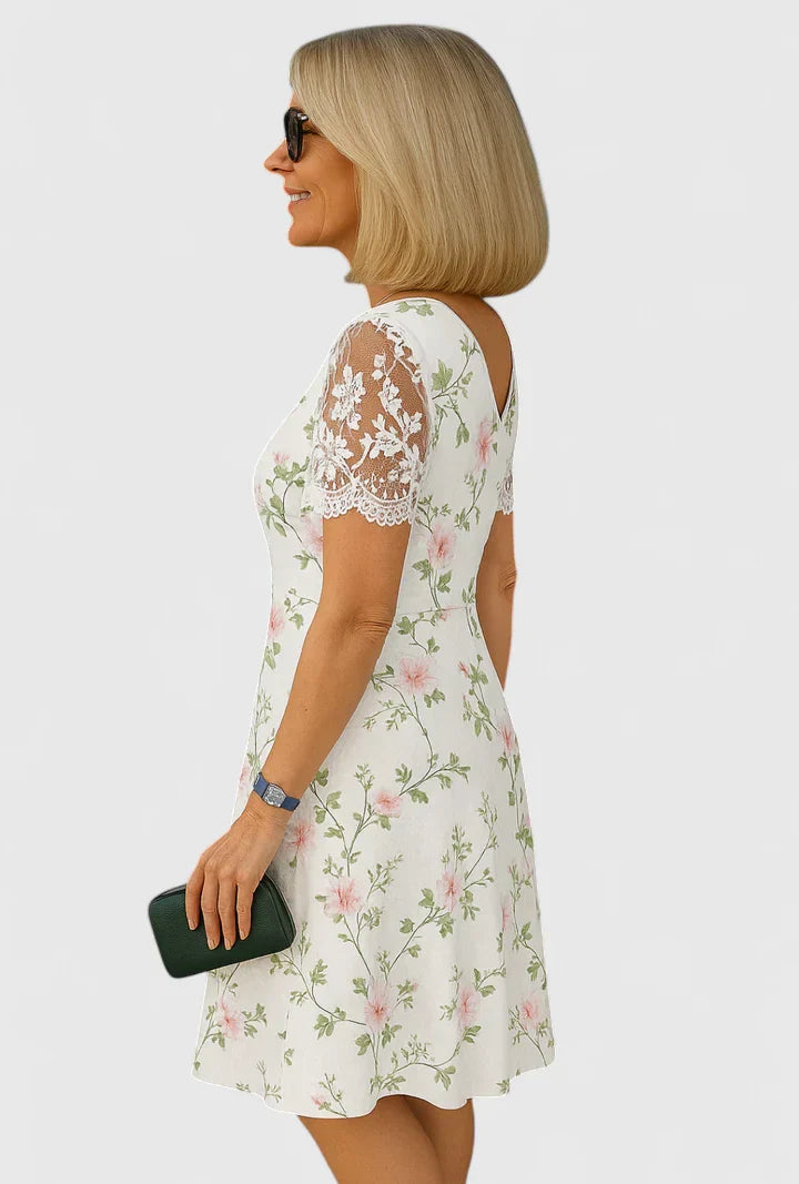 V Neck Floral Lace Sleeve Dress