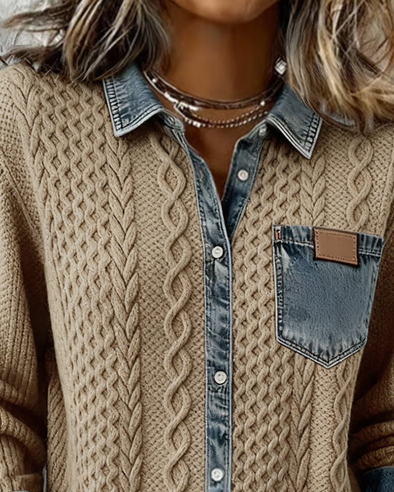 Beatrix | Women's Cable Knit Button-Down Sweater Shirt with Denim Trim