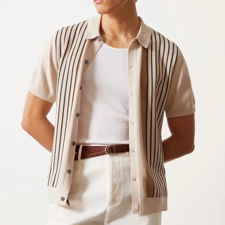 Vertical Stripe Knit Button Down Polo Shirt Men