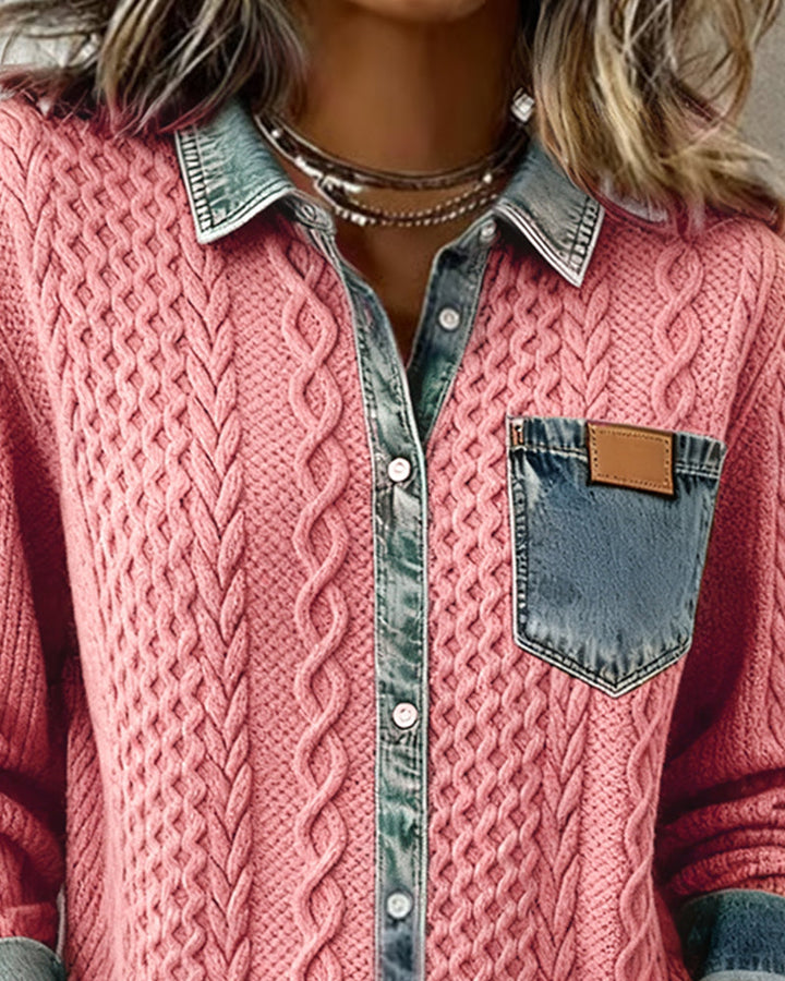 Beatrix | Women's Cable Knit Button-Down Sweater Shirt with Denim Trim