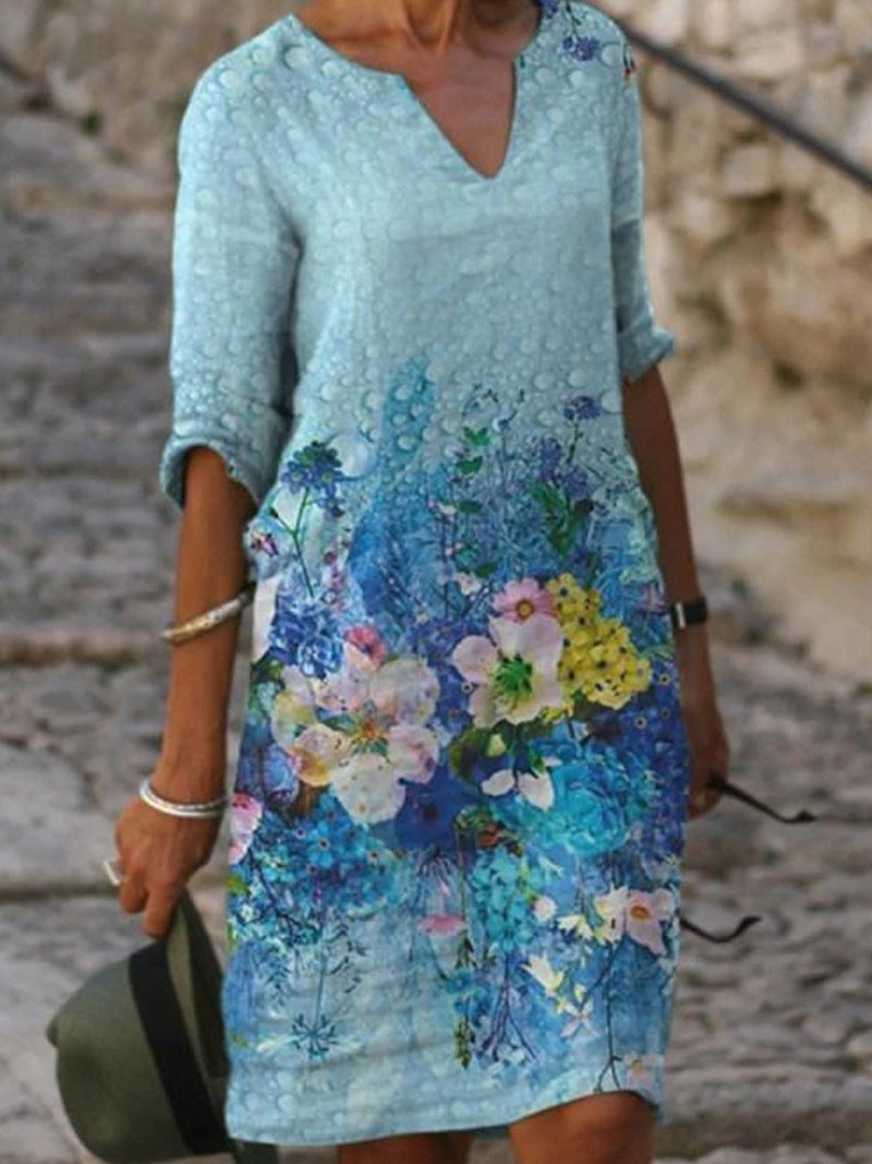 Wildflower Floral V Neck Three Quarter Sleeve Relaxed Linen Midi Dress