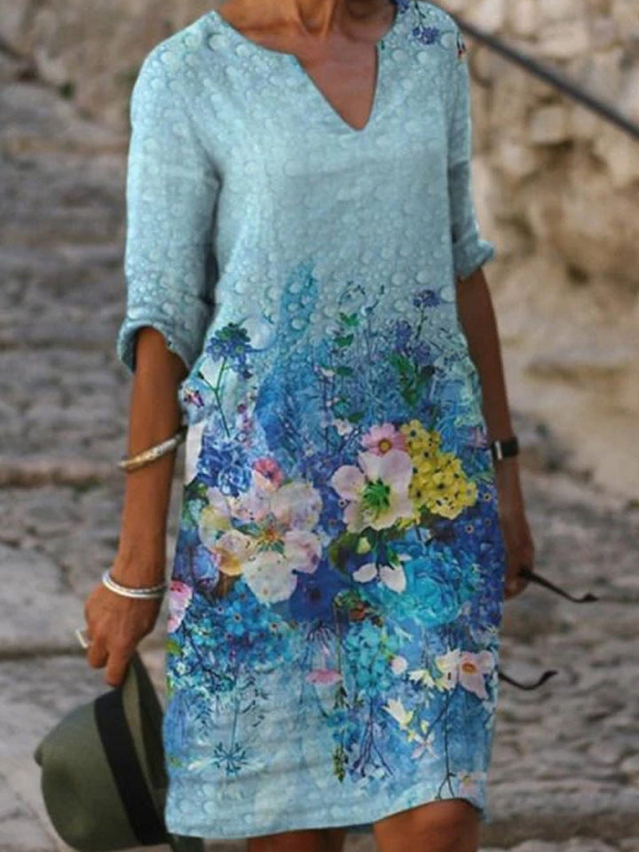 Wildflower Floral V Neck Three Quarter Sleeve Relaxed Linen Midi Dress