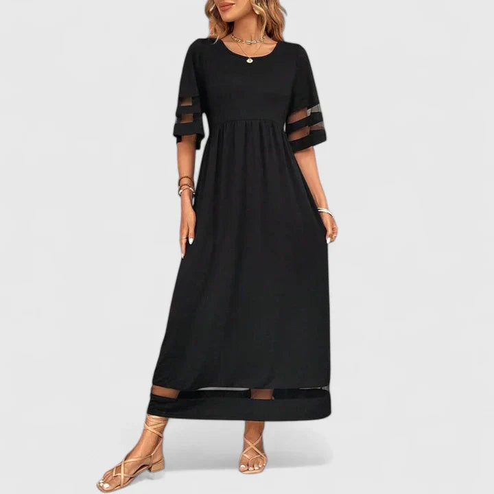 Short Sleeve Loose Fit Maxi Dress Mesh Detail