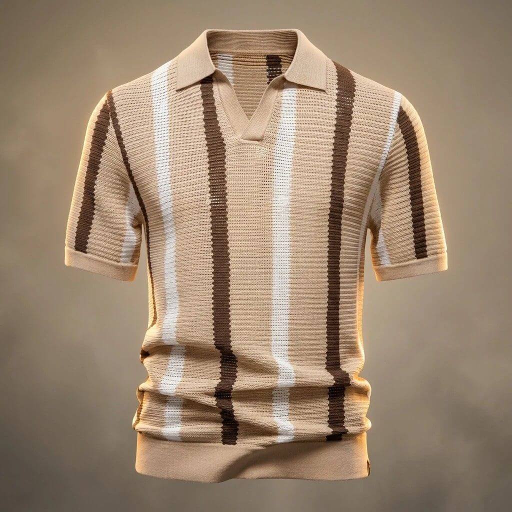 Vertical Stripe Open Collar Knit Short Sleeve Polo Shirt
