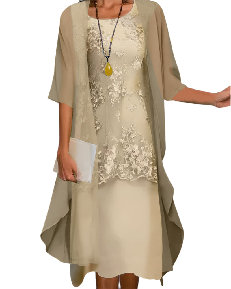 Floral Lace Two Piece Chiffon Midi Dress Wedding Guest