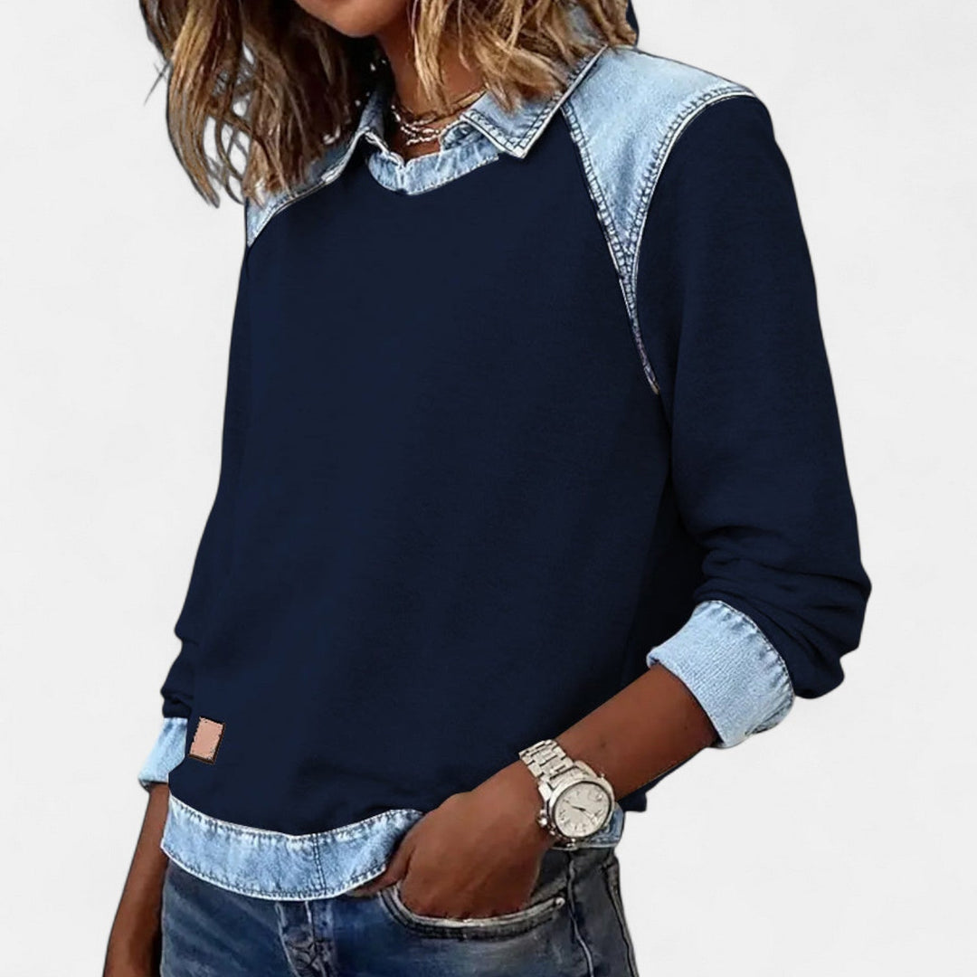 Marlowe | Women's Denim Trim Crew Neck Sweatshirt