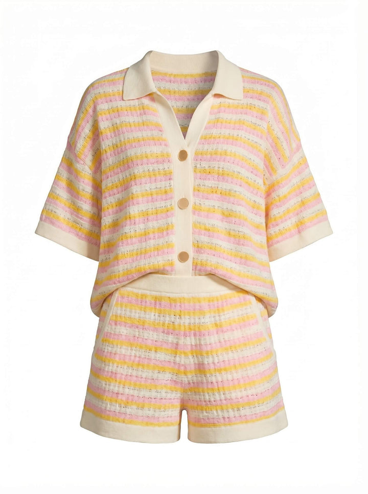 Striped Pointelle Knit Polo Top and Short Matching Set