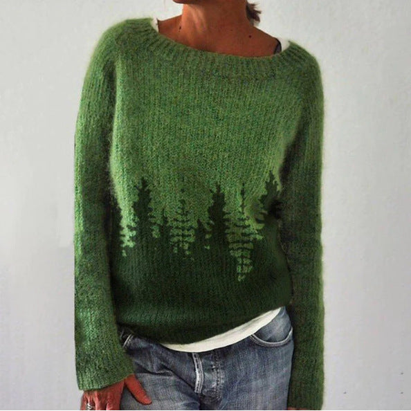Beatrix | Women's Boat Neck Sweater with Forest Tree Print