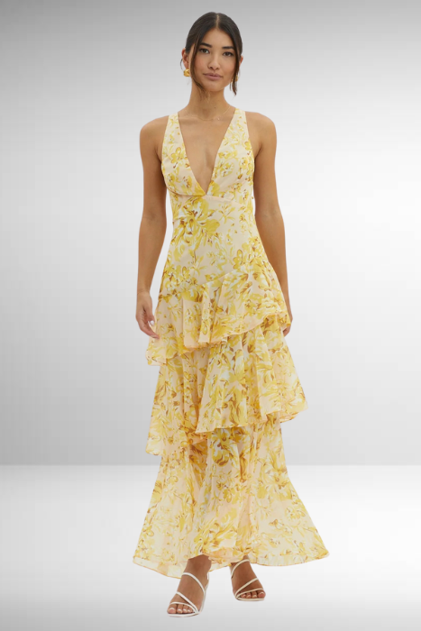 Abstract Print Tiered Ruffle Maxi Dress - Wedding Guest Formal