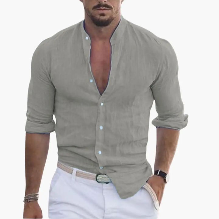 Band Collar Button Through Roll Sleeve Relaxed Linen Shirt