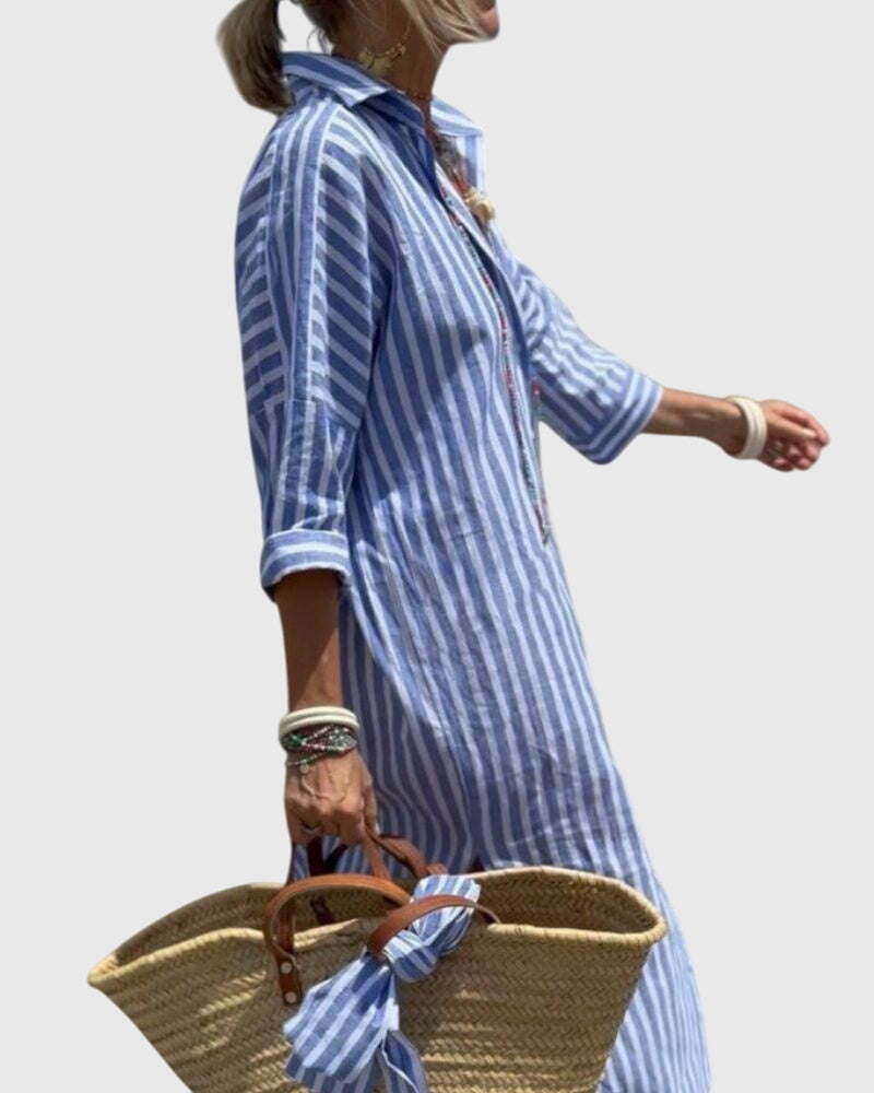 Striped Button Down Midi Shirt Dress