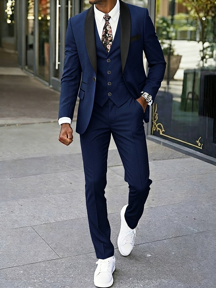 Contrast Shawl Lapel Single Button Waistcoat Three Piece Mens Suit