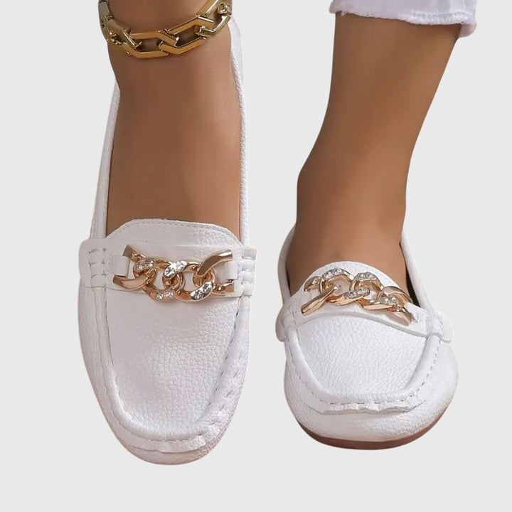 Gold Chain Detail Round Toe Loafers Women
