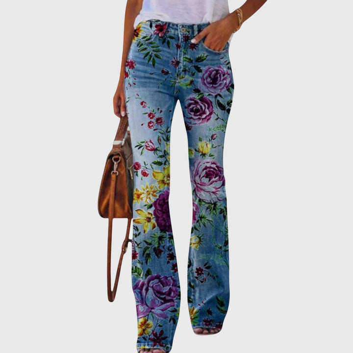 Floral Print High Waisted Flare Jeans Women - Boho Style