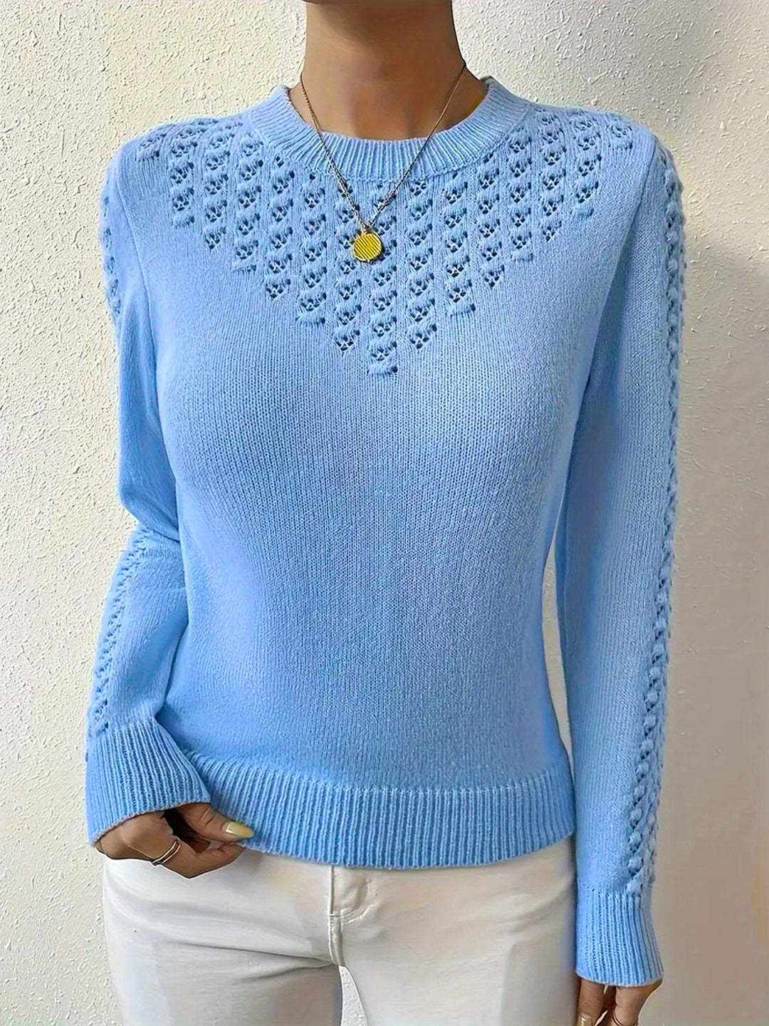 Guinevere | Women's Pointelle Knit Crew Neck Sweater