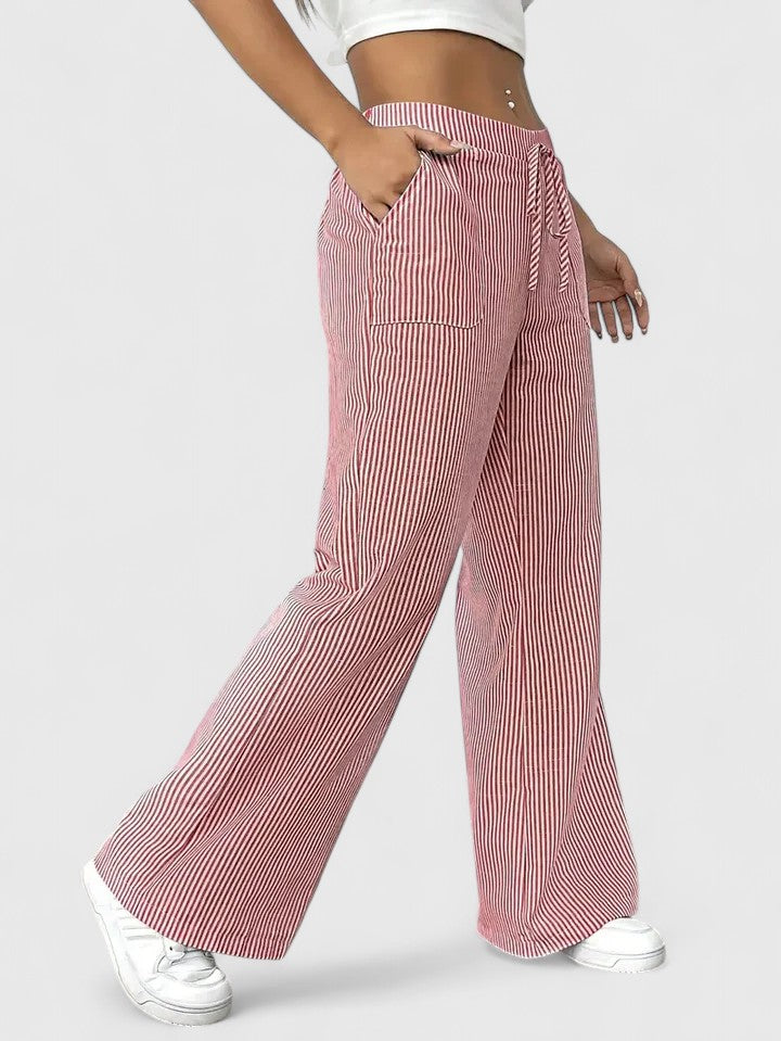 Striped Drawstring Wide Leg Pants Women - Casual Cotton
