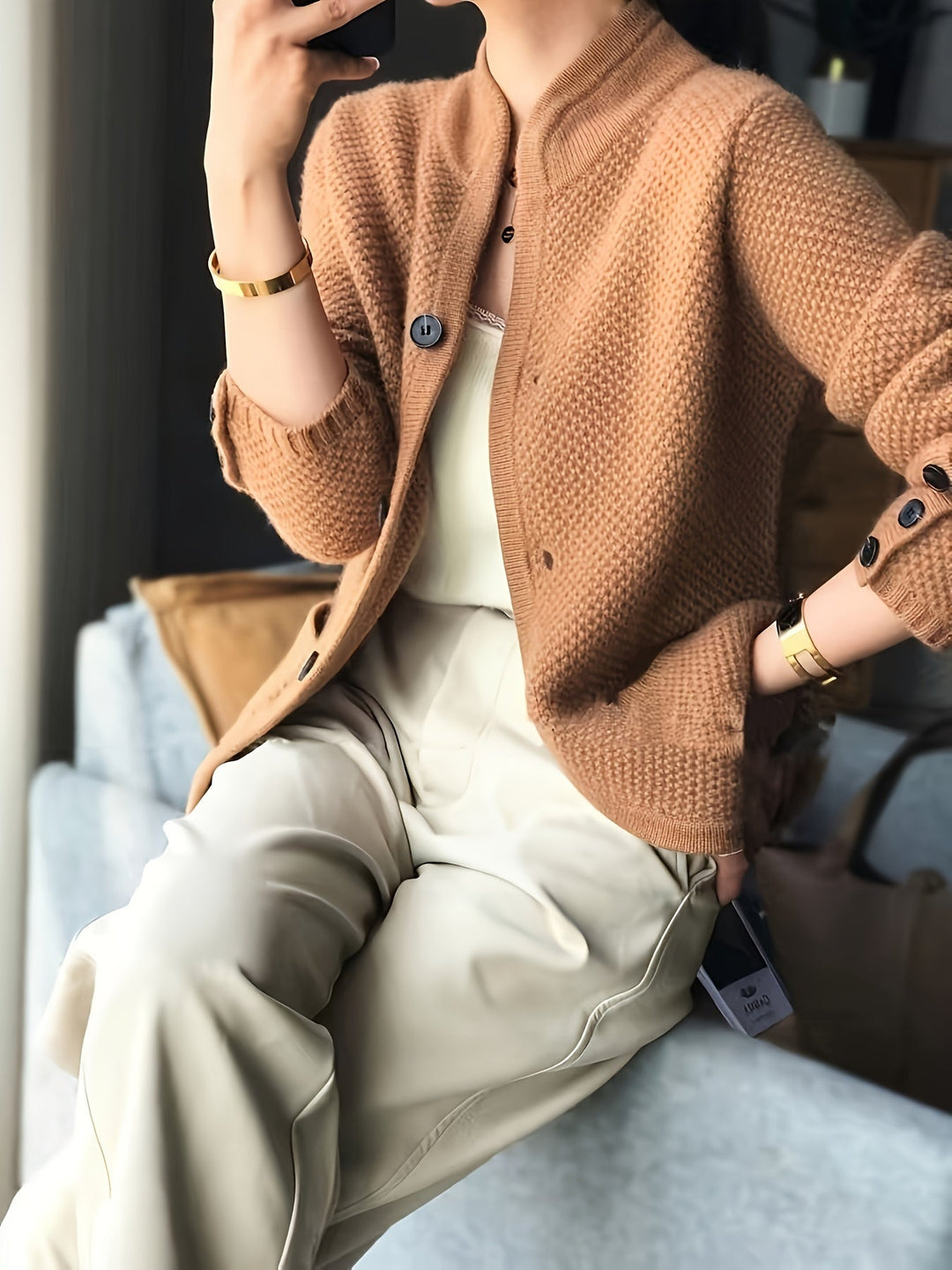 Genevieve | Women's Waffle Knit Button Cardigan with Patch Pockets
