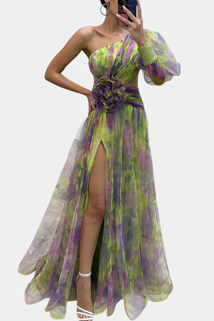 One Shoulder Floral Maxi Dress with High Split
