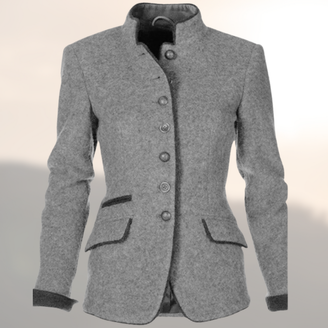 Contrast Trim Stand Collar Button Up Fitted Wool Blazer