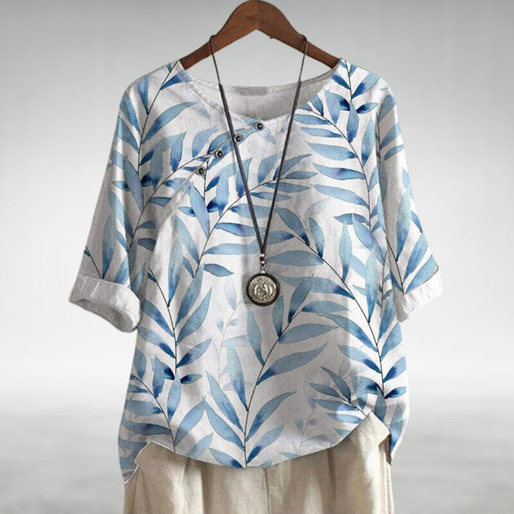 Botanical Leaf Print Round Neck Button Detail Relaxed Linen Blouse