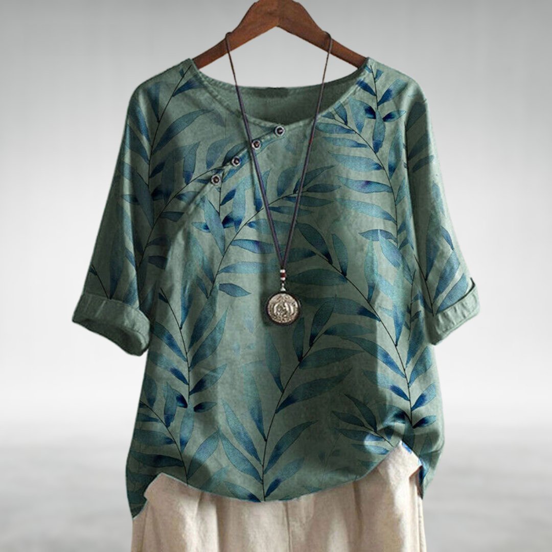 Botanical Leaf Print Round Neck Button Detail Relaxed Linen Blouse