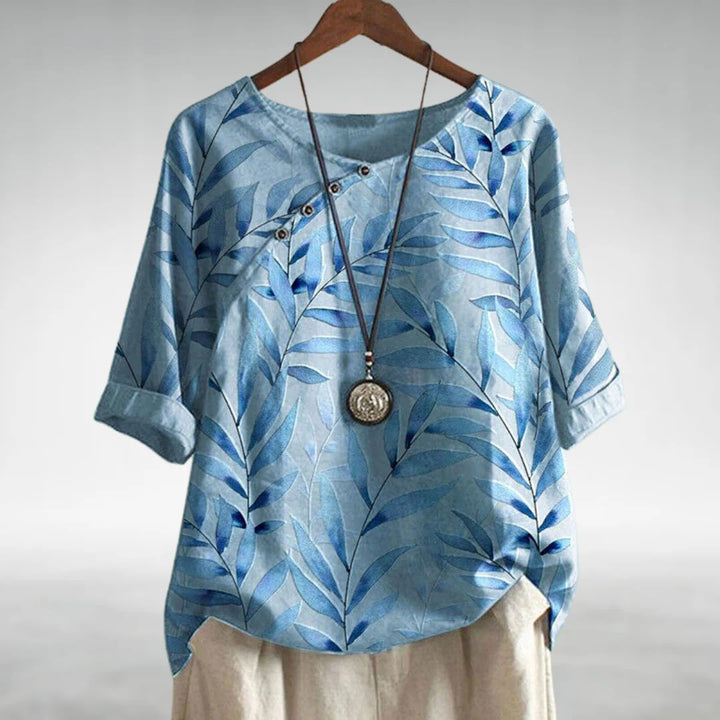 Botanical Leaf Print Round Neck Button Detail Relaxed Linen Blouse
