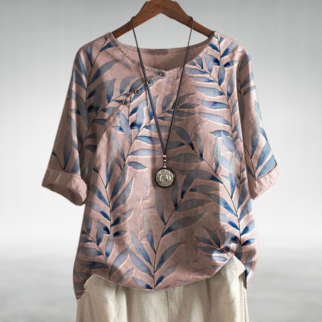 Botanical Leaf Print Round Neck Button Detail Relaxed Linen Blouse