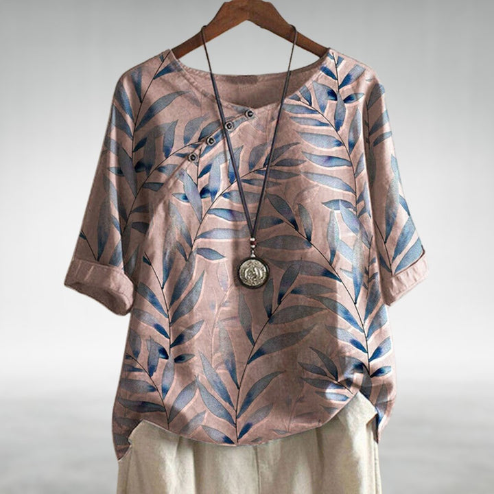 Botanical Leaf Print Round Neck Button Detail Relaxed Linen Blouse