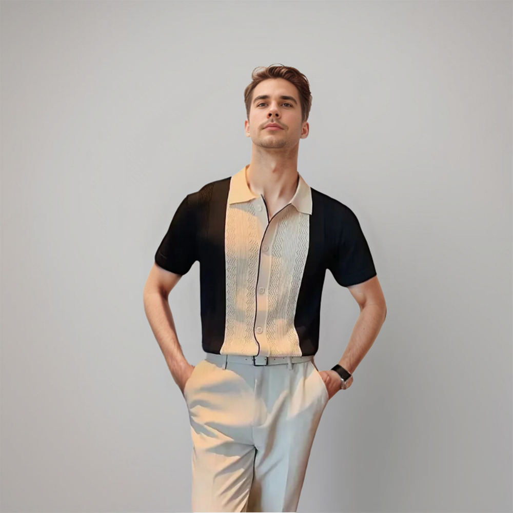 Colorblock Contrast Panel Open Collar Short Sleeve Knit Polo Shirt