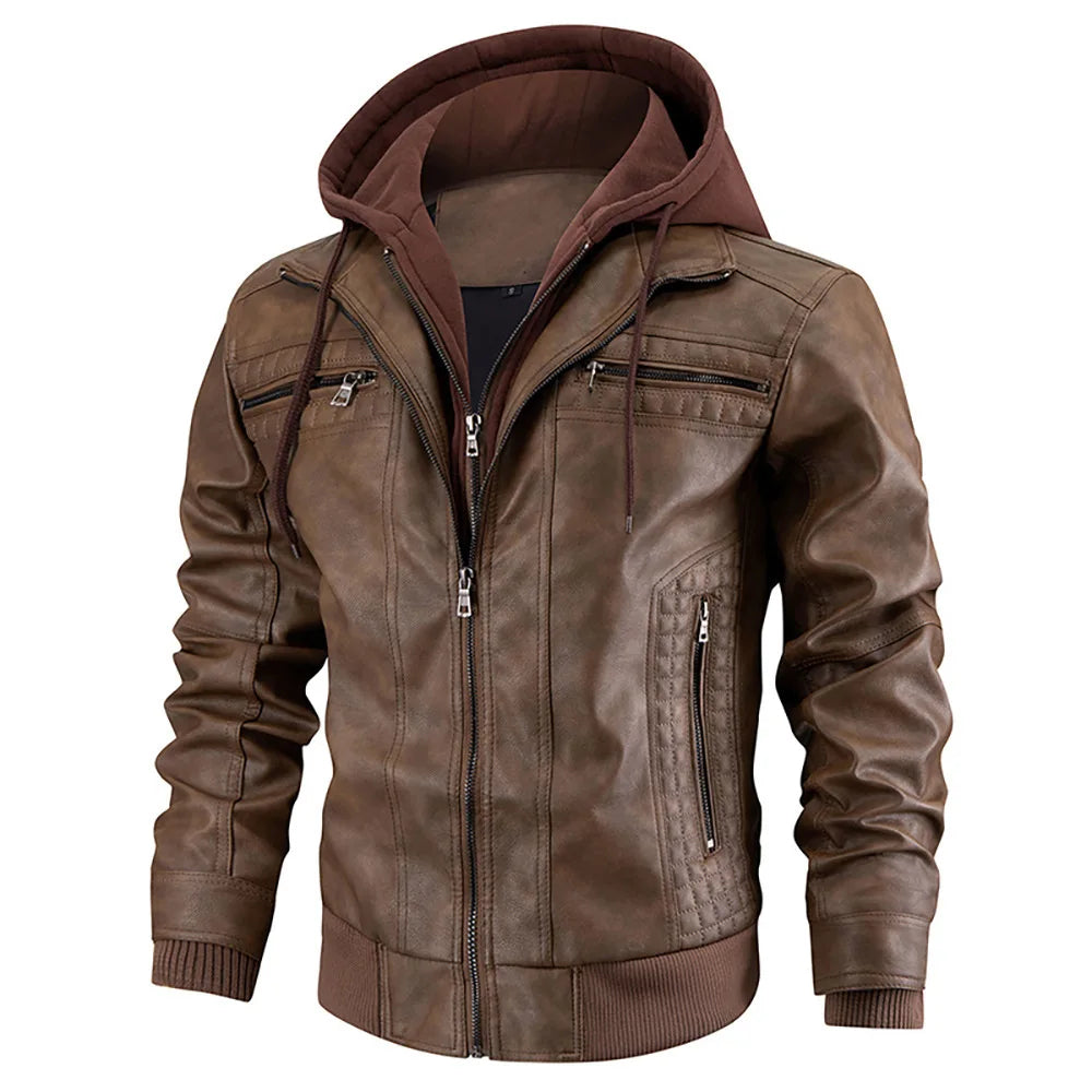 Silas | Men's PU Leather Hooded Jacket with Quilted Panels