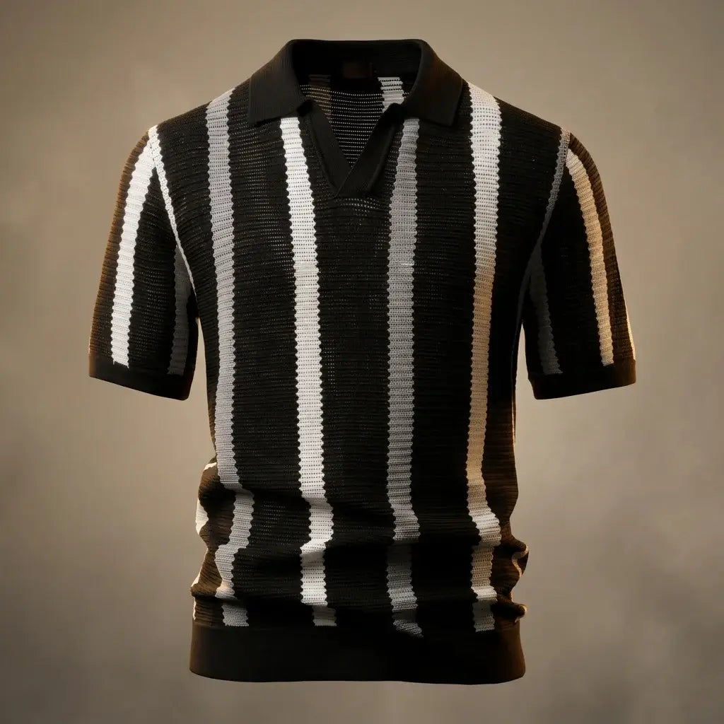 Vertical Stripe Open Collar Knit Short Sleeve Polo Shirt
