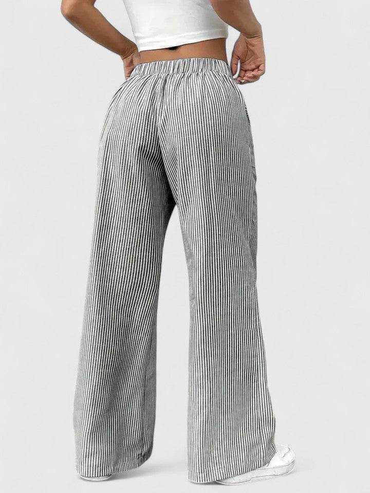 Striped Drawstring Wide Leg Pants Women - Casual Cotton