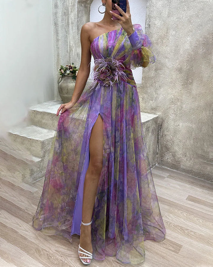 Floral Print One Shoulder Corsage Tulle Split Maxi Dress - Formal Evening Gown