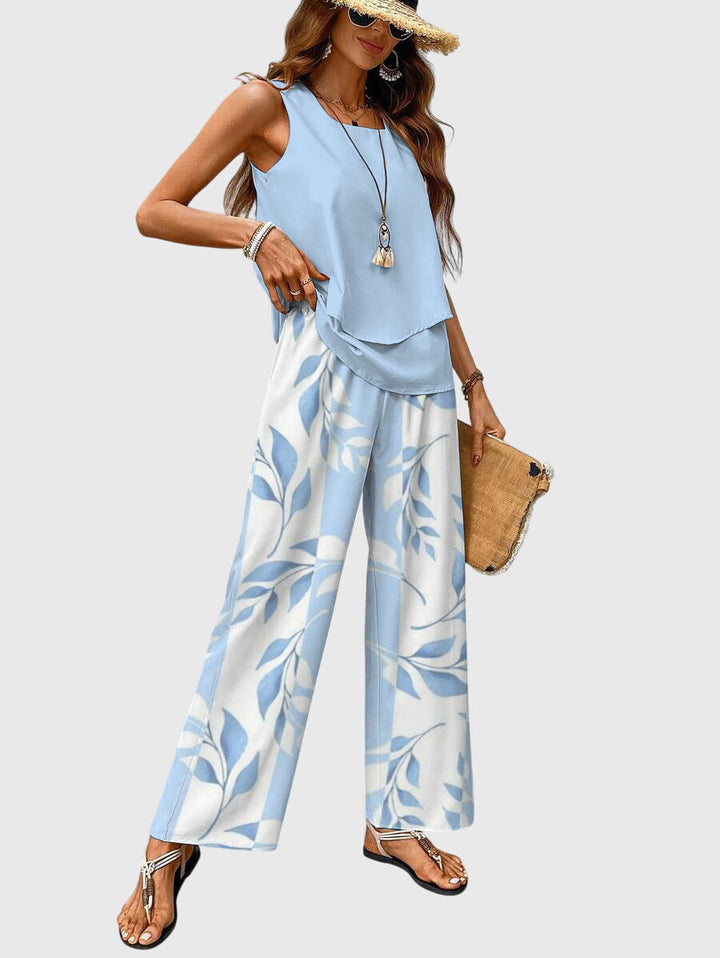 Floral Layered Top Wide Leg Trouser Set Women