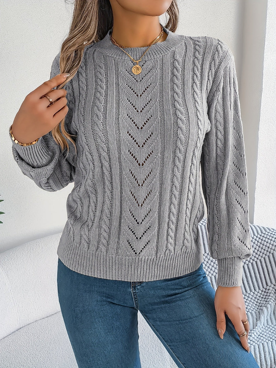 Dorothea | Women's Crew Neck Sweater in Textured Pointelle and Cable Knit