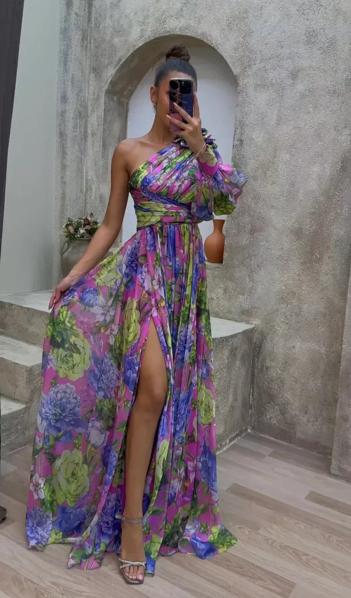 Floral One Shoulder Chiffon Maxi Dress - Wedding Guest Formal
