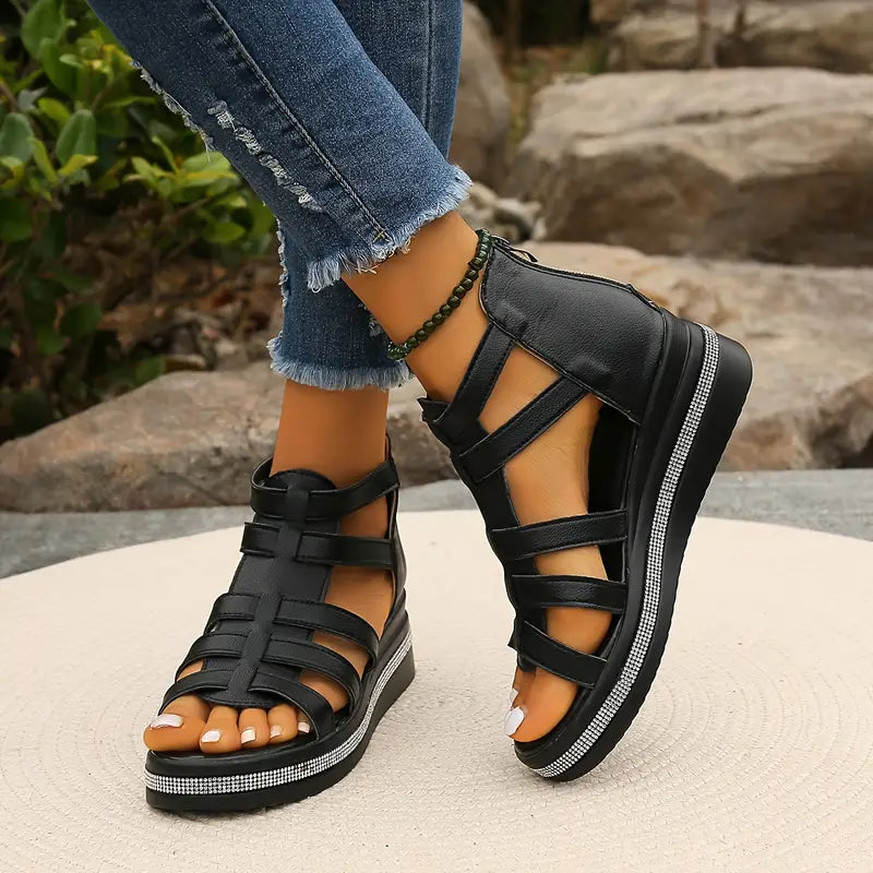 Caged Multi Strap Back Zip Rhinestone Trim Platform Sandal