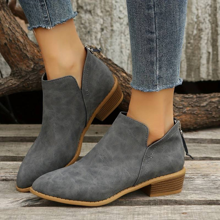 V Cut Pointed Toe Side Zip Stacked Heel Suede Ankle Boot