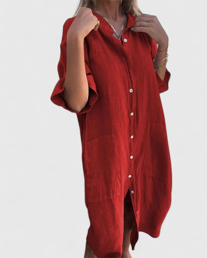 Loose Fit Button Down Midi Dress Pocket Detail