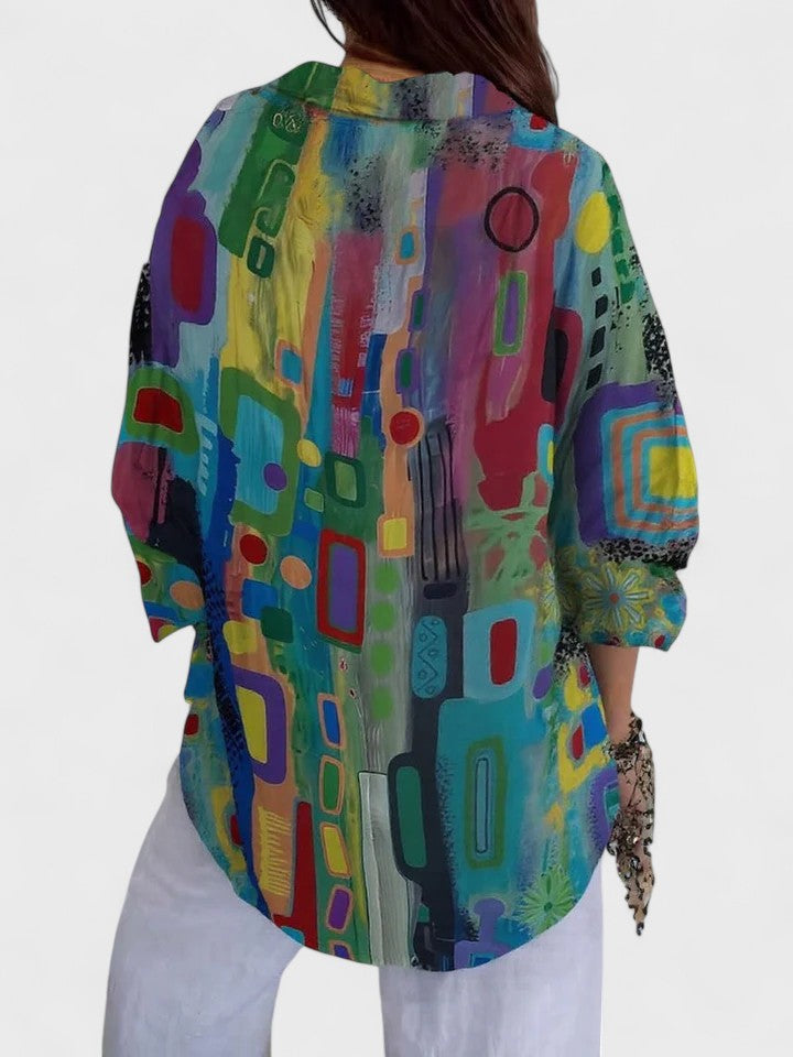Abstract Geometric Print Long Sleeve Blouse Women