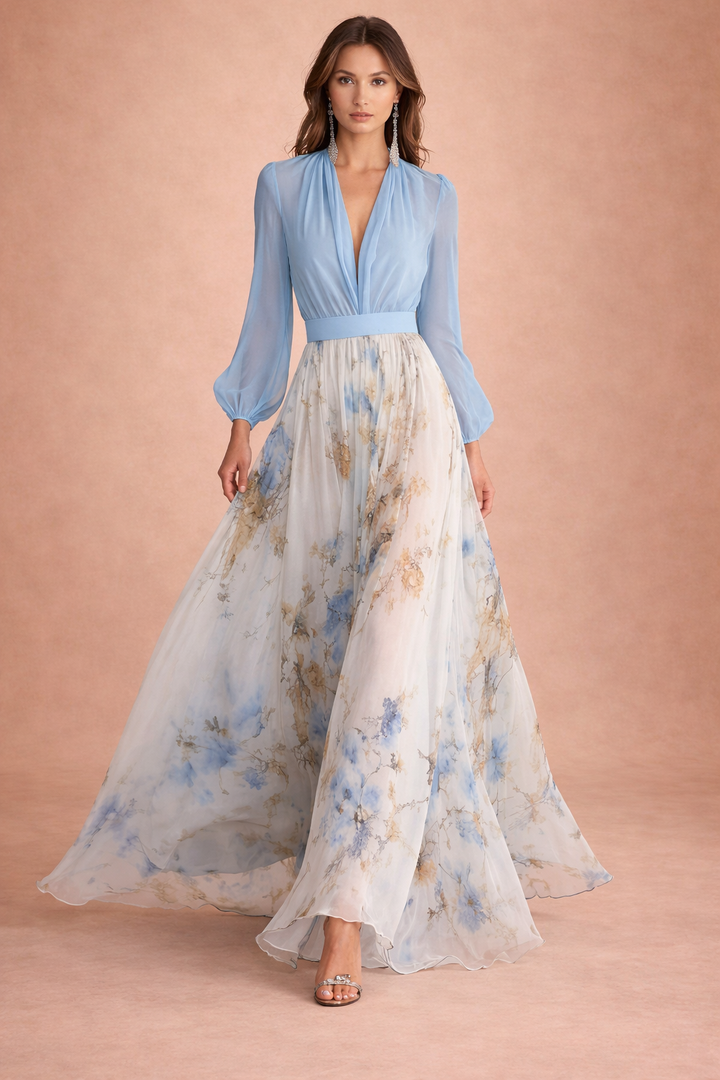 Women's Floral Maxi Dress Deep V Neck Long Sleeve Wedding Guest