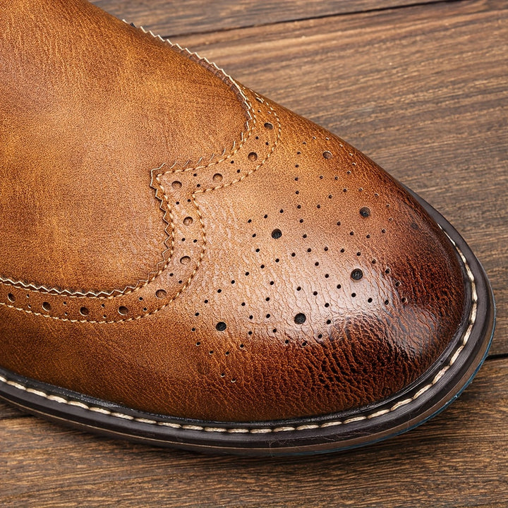 Brogue Wingtip Elastic Side Panel Slip On Leather Mens Chelsea Boots