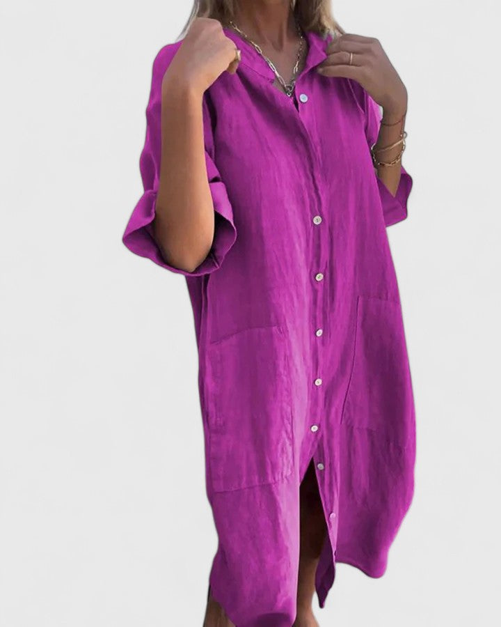 Loose Fit Button Down Midi Dress Pocket Detail