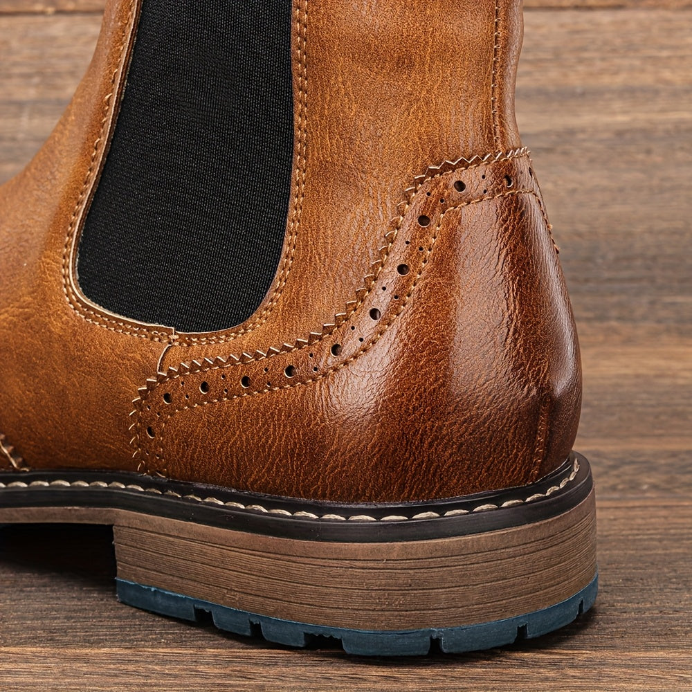 Brogue Wingtip Elastic Side Panel Slip On Leather Mens Chelsea Boots
