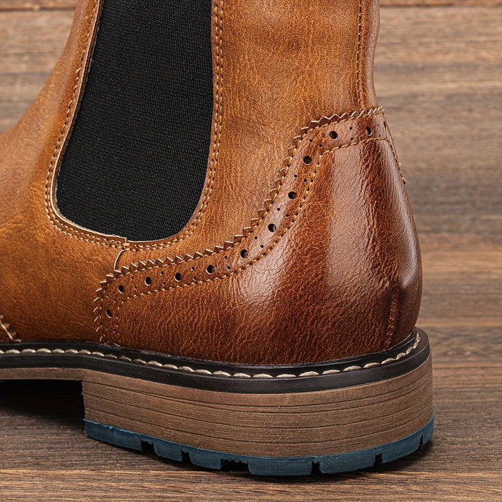 Brogue Wingtip Elastic Side Panel Slip On Leather Mens Chelsea Boots