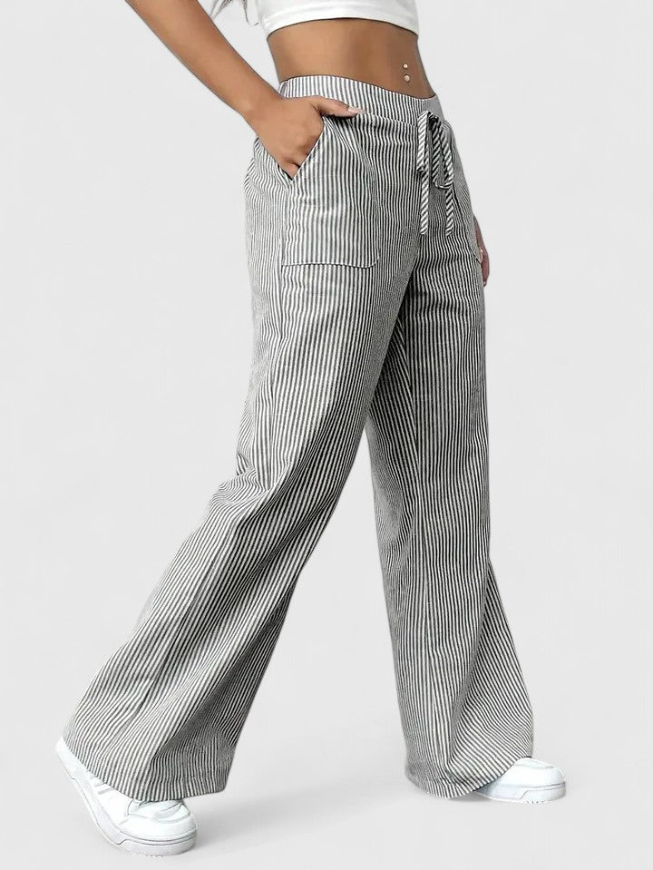 Striped Drawstring Wide Leg Pants Women - Casual Cotton
