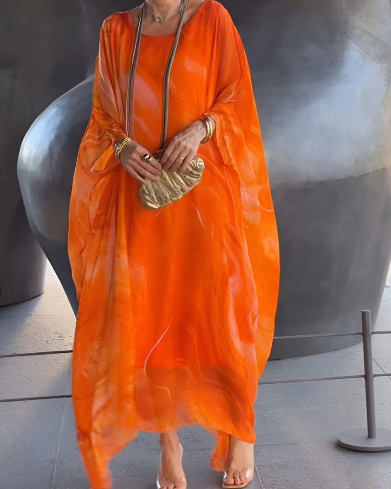 Abstract Print Flowy Batwing Casual Maxi Summer Dress