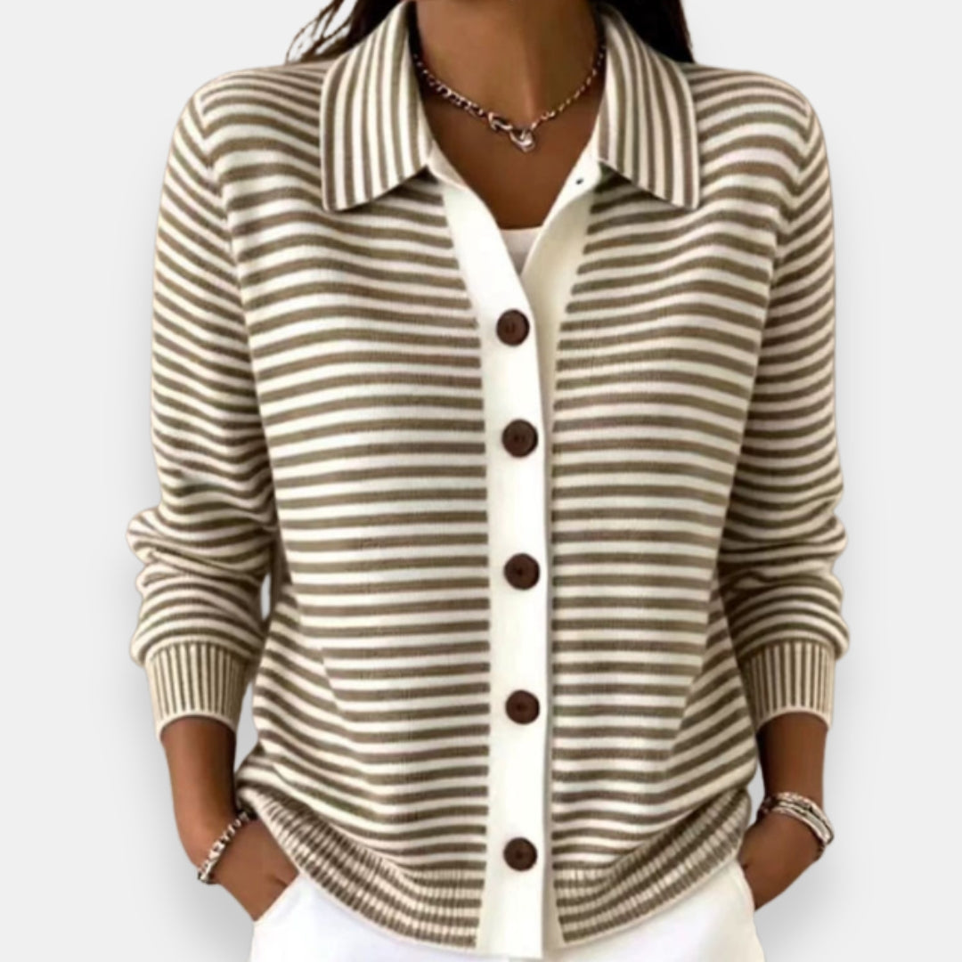 Larissa | Women's Striped Polo Collar Cardigan Sweater with Button Front