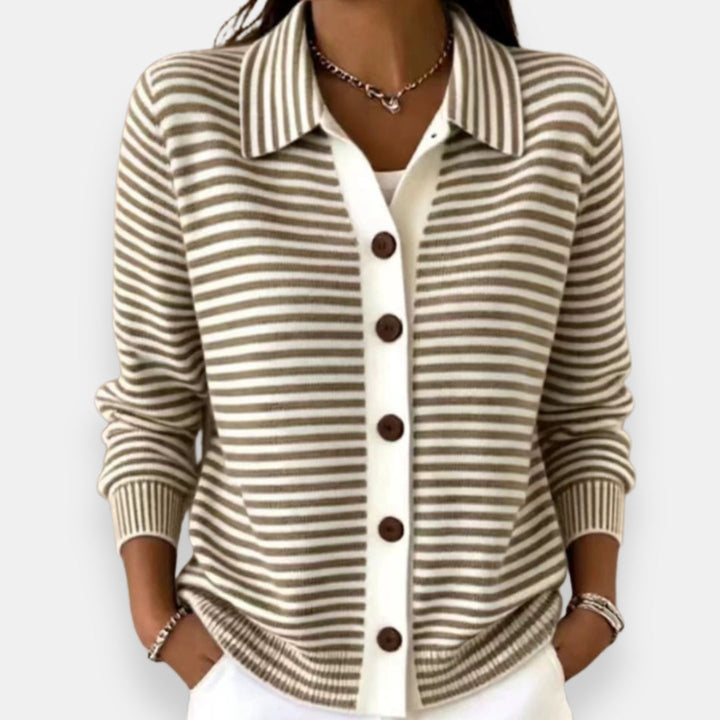 Larissa | Women's Striped Polo Collar Cardigan Sweater with Button Front
