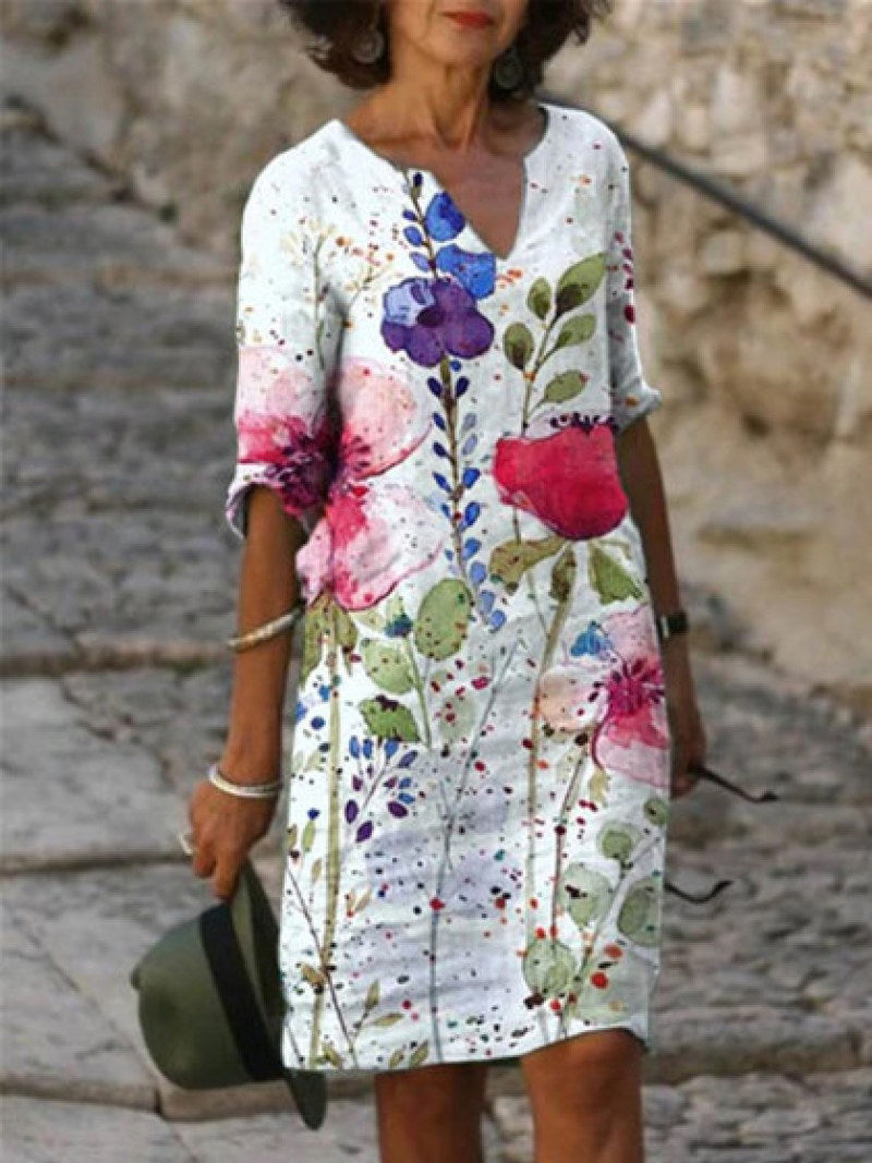 Wildflower Floral V Neck Three Quarter Sleeve Relaxed Linen Midi Dress